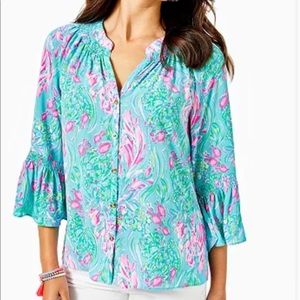 NWT Lilly Pulitzer Dakota Button Down Top in Amalfi Blue Best Fishes, Size Large